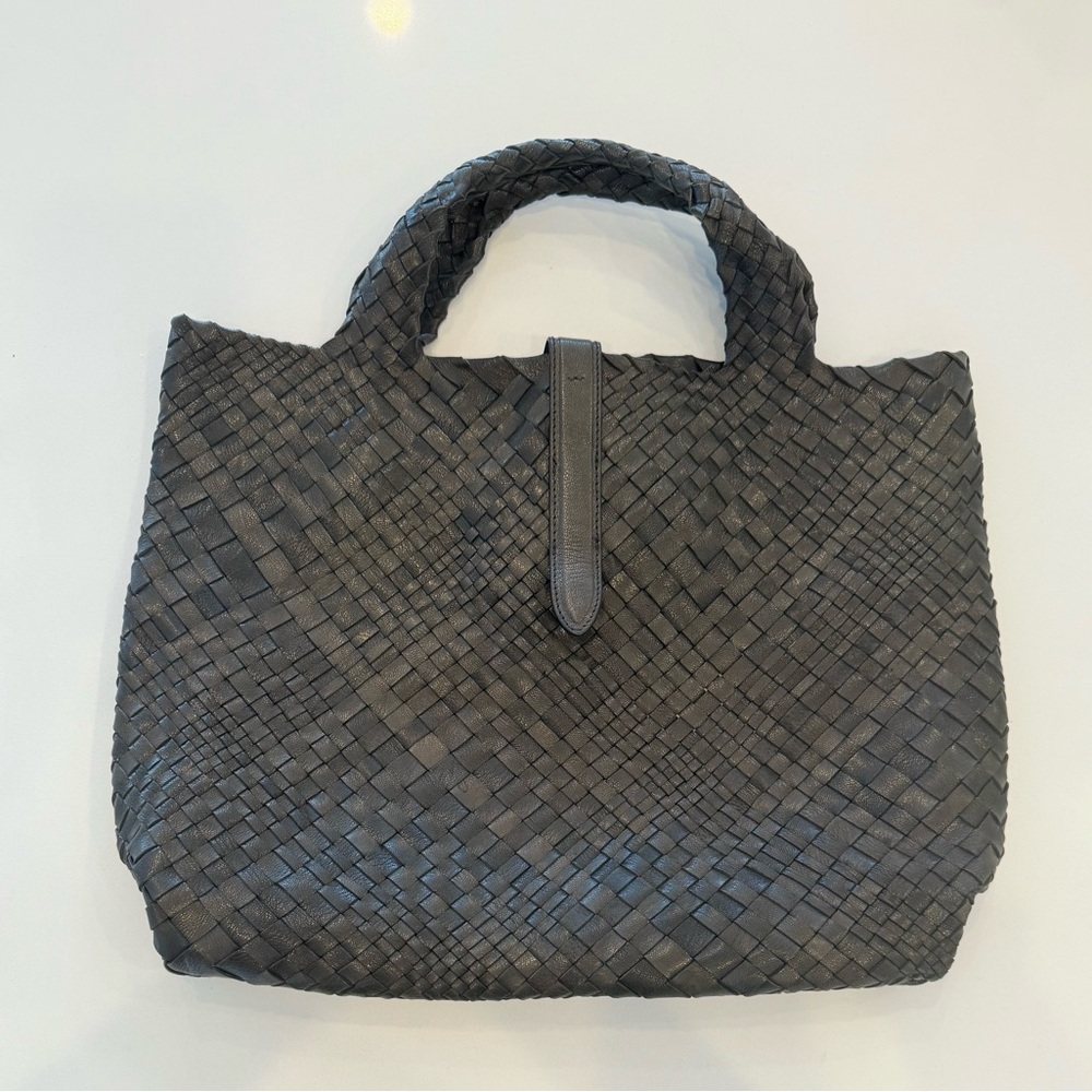 FALORNI Italia Le Borse Woven Genuine Leather Tote with closure Black/Dark Brown - Picture 3 of 8